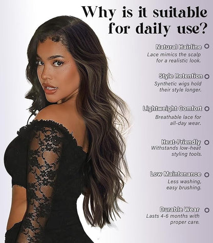 13x4 Synthetic Lace Front Wig Long Wavy Dark Brown Wig with Realistic Hairline 26 inch Pre Plucked Body Wave Lace Wig for Daily Party Use