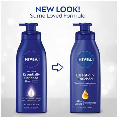 NIVEA Essentially Enriched Body Lotion for Very Dry Skin with Hyaluronic Acid, Almond Oil and Deep Nourishing Serum, 72-Hour Body Moisturizer, 16.9 Fl Oz Pump Bottle, Pack of 2