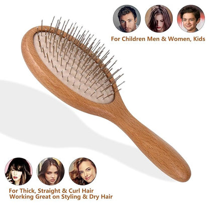 Hair Brush, Wooden Hairbrush with Metal Bristles, Stimulates Scalp for Hair Growth, Gift for Mother's & Father's & Friends, All Hair Types