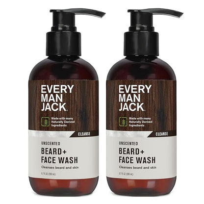 Every Man Jack Unscented Beard + Face Wash - Fragrance Free for Sensitive Skin - Naturally Cleanse and Condition Your Beard and Skin - 6.7-ounce (2 pack)