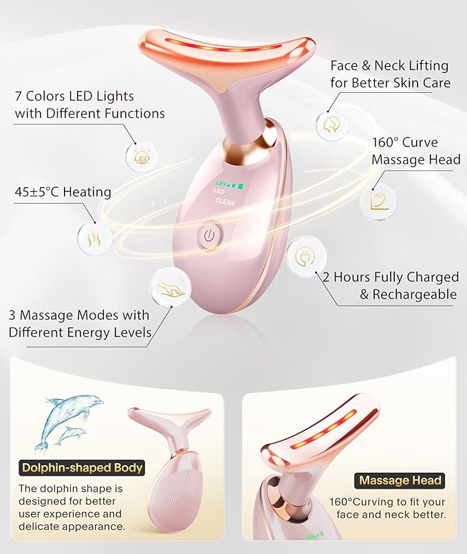 Light Based Face-Neck-Massager - 7 Color Portable Facial Massager for Skin Care, Glossy Pink