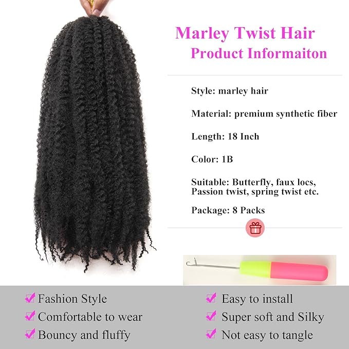 Marley Twist Braiding Hair 18 Inch 8 Packs – Fluffy&Tangle-Free Cuban Twist Hair for Braiding, Natural Look Synthetic Long-Lasting Spring Afro Kinky Twist Hair Extensions (1B)