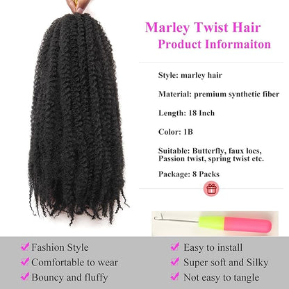Marley Twist Braiding Hair 18 Inch 8 Packs – Fluffy&Tangle-Free Cuban Twist Hair for Braiding, Natural Look Synthetic Long-Lasting Spring Afro Kinky Twist Hair Extensions (1B)