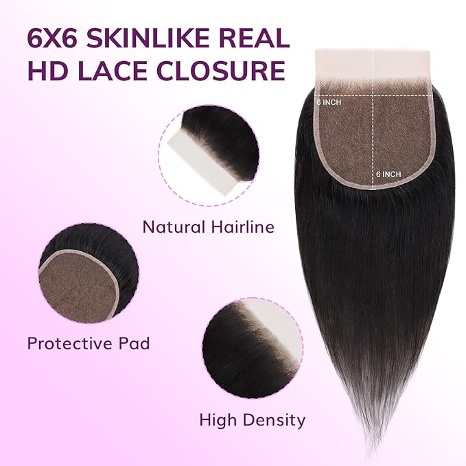 IDN BEAUTY SKINLIKE REAL HD 6x6 Lace Closure Human Hair Straight 16 Inch Bleached Single Knots Ultra-thin HD Lace Closure Virgin Human Hair 0.1 mm Pre Plucked Hairline