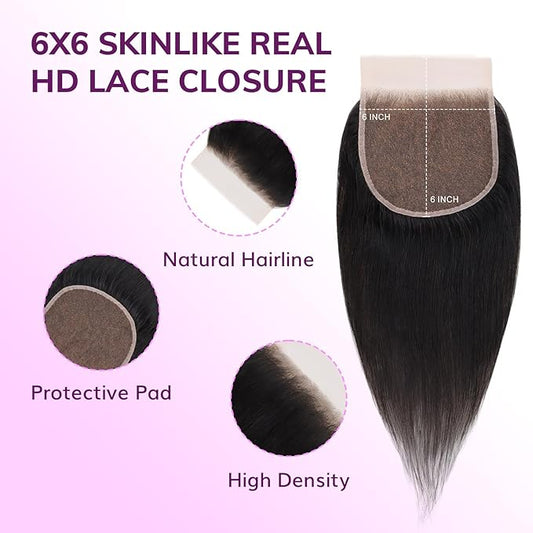 IDN BEAUTY SKINLIKE REAL HD 6x6 Lace Closure Human Hair Straight 16 Inch Bleached Single Knots Ultra-thin HD Lace Closure Virgin Human Hair 0.1 mm Pre Plucked Hairline