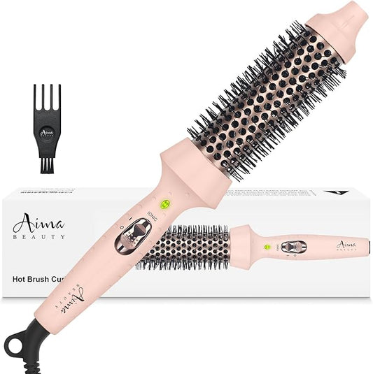 Aima Beauty Hot Brush, 1.3"/35mm Heated Curling Brush, Ion Hair Care Thermal Round Brush Makes Hair Smoother & Softer, Create Voluminous Curls Effortlessly, Dual Voltage, 60Mins Auto-Off, Pink