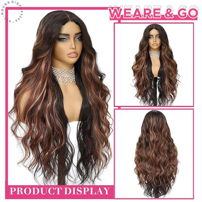Balayage Brown 4x1 Pre Cut Lace Synthetic Lace Front Wig with Baby Hair Heat Friendly Body Wave Ombre Wig for Women 30 Inch Glueless Ready to Wear Synthetic Hair