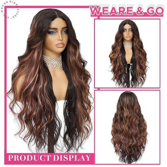 Balayage Brown 4x1 Pre Cut Lace Synthetic Lace Front Wig with Baby Hair Heat Friendly Body Wave Ombre Wig for Women 30 Inch Glueless Ready to Wear Synthetic Hair