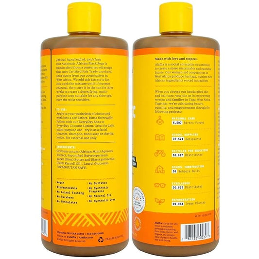 Alaffia Authentic African Black Soap Variety 2-Pack – All-In-One Liquid Soap, Travel-Size Eucalyptus Tea Tree + Full-Size Unscented Body Wash, Face Wash, Shampoo, Shaving Soap