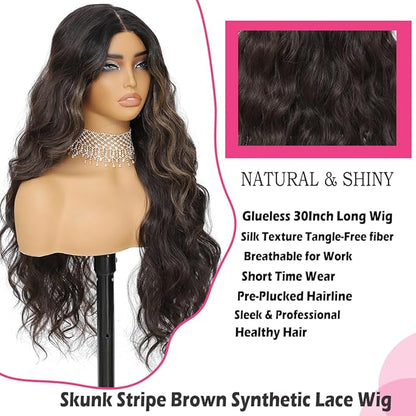 30 Inch Synthetic Lace Front Wig, 4X1 Glueless Pre-Cut Lace Wear and GO Synthetic Wavy Wig for Women Body Wave Middle Part, Beginner-Friendly for Daily Use (Skunk Stripe Brown)