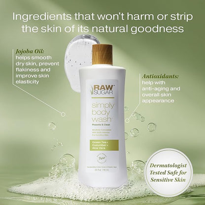 RAW SUGAR Sensitive Skin Simply Body Wash - Green Tea + Cucumber + Aloe Vera, Moisturizing & Brightening Bath & Shower Gel, Sulfate-Free, Paraben-Free & Vegan (Pack of 3)