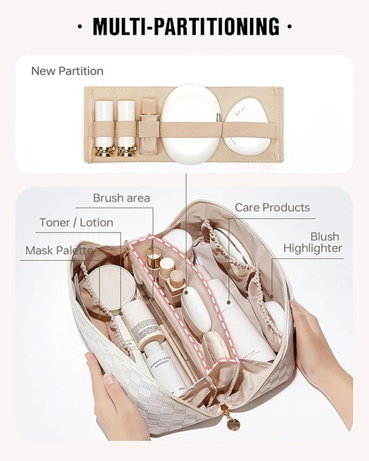 EACHY Travel Makeup Bag,Large Capacity Cosmetic Bags for Women,Waterproof Portable Pouch Open Flat Toiletry Bag Make up Organizer with Divider and Handle