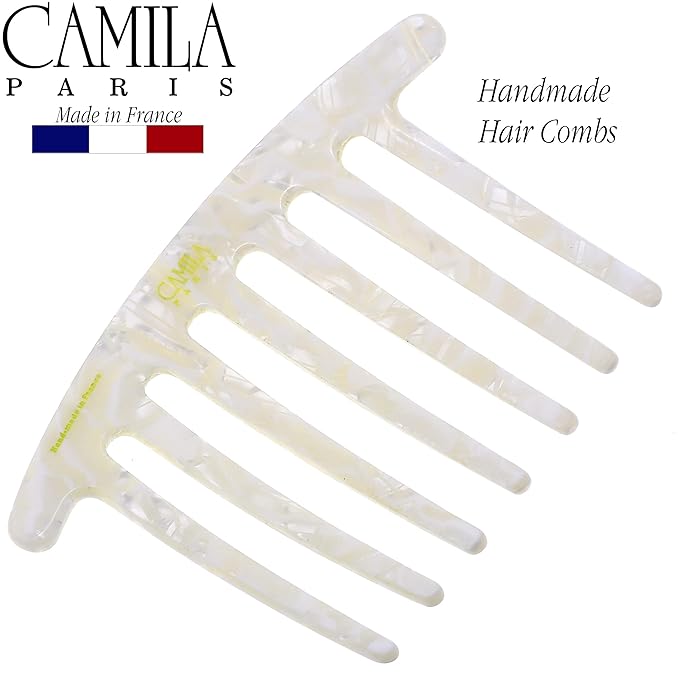 Camila Paris CP3185 French Handmade Side Comb Rounded, White, French Twist Hair Combs Decorative, Strong Hold Hair Clips for Women Bun Chignon Up-Do Styling Girls Hair Accessories Made in France