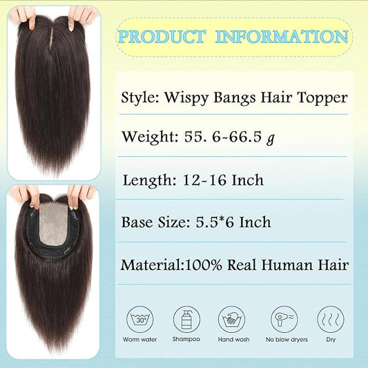 Hair Toppers for Women Real Human Hair, 360° 3D Toppers Pieces for Women with Thinning Crown Wispy Bangs 16 Inch Upgrade Big Basement (Dark Brown, 16 Inch Wispy Bangs)