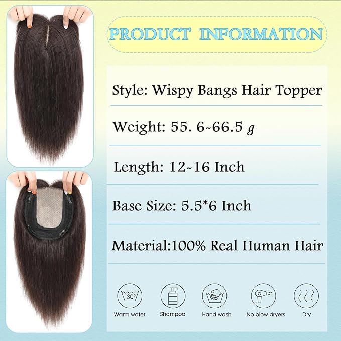 Hair Toppers for Women Real Human Hair, 360° 3D Toppers Hairpieces for Women with Thinning Crown Wispy Clip in Bangs 12 Inch Upgrade Big Base (Dark Brown, 12 Inch Wispy Bangs)