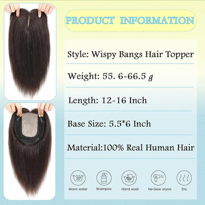 Hair Toppers for Women Real Human Hair, 360° 3D Toppers Hairpieces for Women with Thinning Crown Wispy Clip in Bangs 12 Inch Upgrade Big Base (Dark Brown, 12 Inch Wispy Bangs)