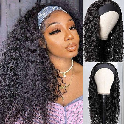 Beauty Forever Headband Human Hair Wigs Water Wave Glueless Human Hair Wigs With Pre-attached Scarf Non Lace Front Wigs for women Natural Color 150% Density 18 Inch