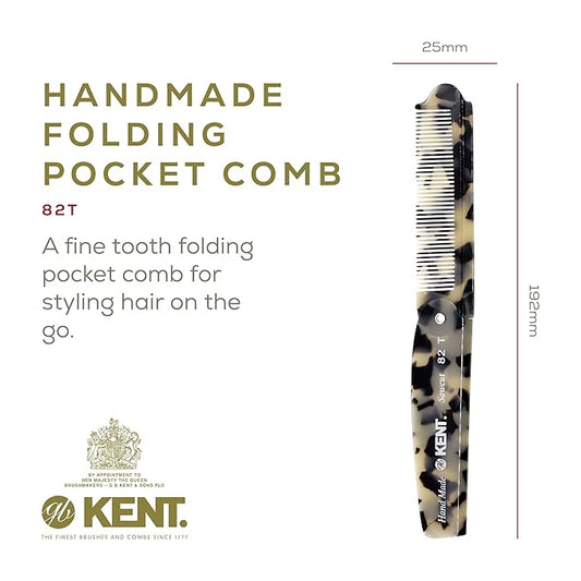 Kent 82T Handmade Folding Pocket Comb for Men, Fine Tooth Hair Comb Straightener for Everyday Grooming Styling Hair, Beard or Mustache, Use Dry or with Balms, Saw Cut Hand Polished, Made in England