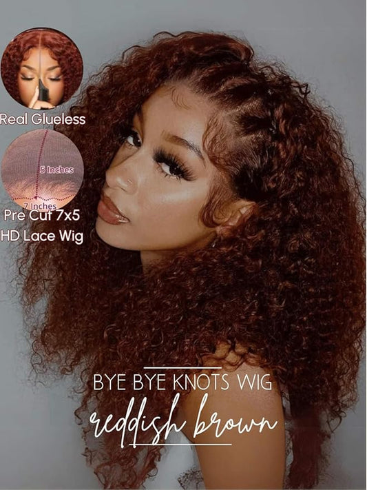 Beauty Forever Bye Bye Knots 7x5 Lace Front Wig Put on and Go Glueless Kinky Curly Human Hair Wigs,Reddish Brown Pre Cut Lace Closure Wigs Pre Plucked Hairline Pre Bleached Knots 150% Density 14inch
