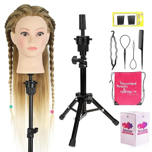 Neverland Beauty Mannequin Head with Hair and Wig Stand Tripod Set, 26 Inch Ombre Golden Mannequin Head with Stand Hair Braiding Cosmetology Manikin Head with Tripod For Braiding Styling