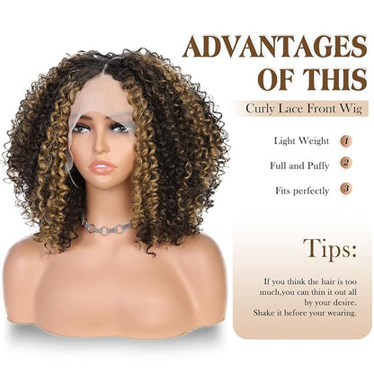 Quick Wig Curly Lace Front Wigs Short Kinky Curly Wig 13×4×1 HD Glueless Lace Curly Wig Highlight Synthetic Lace Wigs for Women Deep Wave Wig (4/27#)