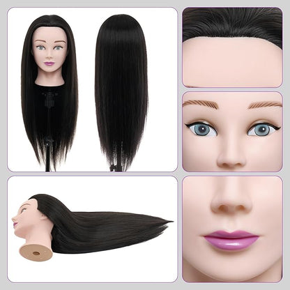 Neverland Beauty Mannequin Head with 80% Real Human Hair, 26 Inch Cosmetology Mannequin Doll Head for Hair Styling, Training Practice Braiding Manikin Head with Table Clamp, Hair Styling Set #1B