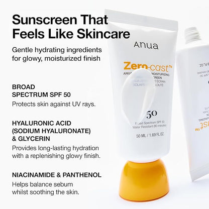 Anua Zero-Cast Moisturizing Finish Sunscreen,SPF 50, Glow Natural Sunscreen,No White cast, Hyaluronic Acid, Niacinamide sun block for face,Oil-Free, Oxybenzone free, Travel Essential (50ml/1.69fl.oz)