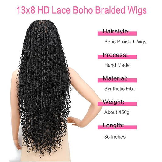 13x8 HD Lace Front Knotless Box Boho Braided Wigs With Baby Hair Black Human Hair Blended Lace Frontal Bohemian Braid Wigs for Women 36 Inch