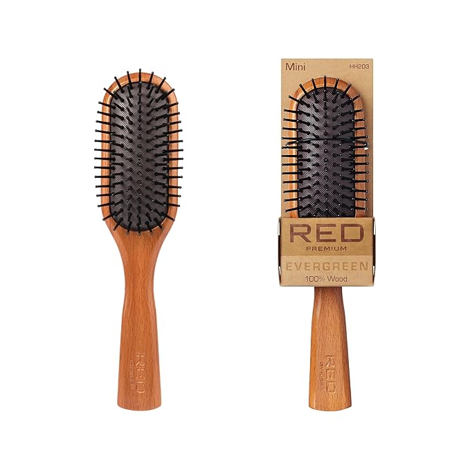 RED Premium Evergreen Wooden Paddle Brush, Detangling Brush with Long Bristles for Thick, Curly, Thin, Wet or Dry Hair - Long-Lasting Shine (Mini)