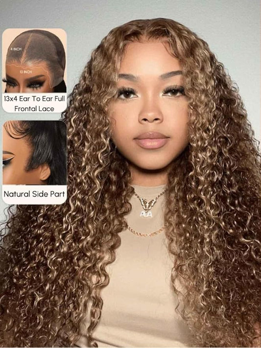 Beauty Forever Pre Everything Highlight Curly 13x4 Lace Front Wig Glueless Put on and Go Wig Human Hair, Pre Plucked Honey Blonde Pre Cut Lace Wig Pre Bleached Knots for Beginner 150% Density 16inch