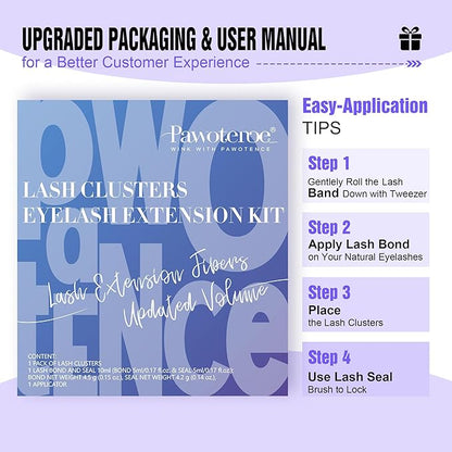 Pawotence Lash Clusters Kit 40D Individual Lashes Extension Kit DIY 280pcs 9-16mm Cluster Eyelash Extension Kit with Lash Bond and Seal, Lash Tweezers for Self Use (40D, 0.07D, 9-16mm, Kit)