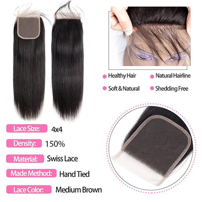 10A Straight Bundles with Closure 22 24 26 with 20 Inch Human Hair Bundles with Closure 100% Unprocessed Brazilian Virgin Human Hair Weave with Closure HD Lace