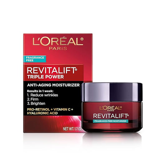 L'Oreal Paris Revitalift Triple Power Anti-Aging Face Moisturizer, Pro Retinol, Hyaluronic Acid & Vitamin C, Reduce Wrinkles, Fragrance Free 1.7 Oz