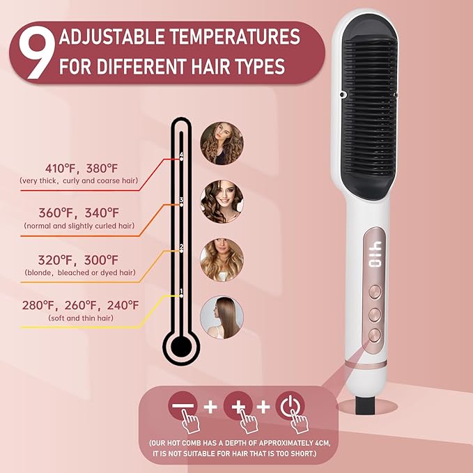Negative Ionic Hair Straightener Brush with 9 Temp Settings, 30s Fast Heating Hair Straightening Comb with LED Display, Anti-Scald & Auto-Shut Off Hair Brush Straightener for Women (White)