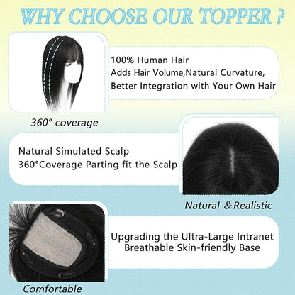 Hair Toppers for Women Real Human Hair, 360° 3D Toppers Pieces for Women with Thinning Crown Wispy Bangs 14 Inch Upgrade Big Basement (Natural Black, 14 Inch Wispy Bangs)