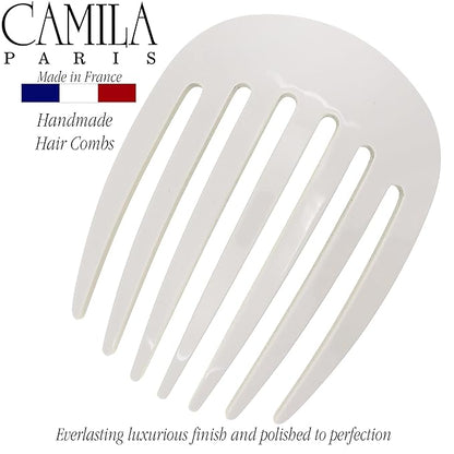 Camila Paris CP3404 French Hair Side Comb Rounded, White Pearl, Handmade French Twist Hair Combs, Strong Hold Hair Clips for Women Bun Chignon, No Slip Styling Girls Hair Accessories Made in France