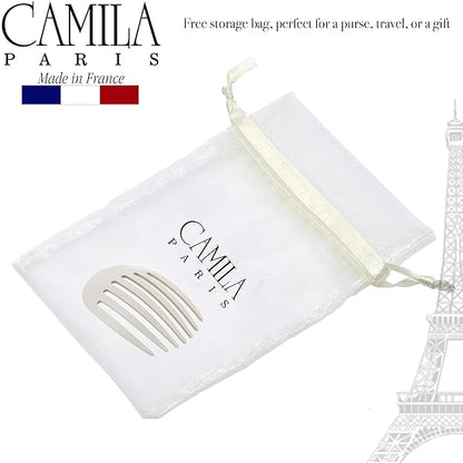 Camila Paris CP3404 French Hair Side Comb Rounded, White Pearl, Handmade French Twist Hair Combs, Strong Hold Hair Clips for Women Bun Chignon, No Slip Styling Girls Hair Accessories Made in France
