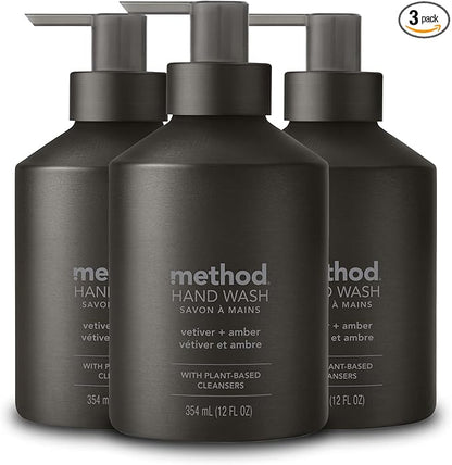 Method Gel Hand Soap, Vetiver + Amber, Reusable Black Aluminum Bottle, Biodegradable Formula, 12 oz (Pack of 3)
