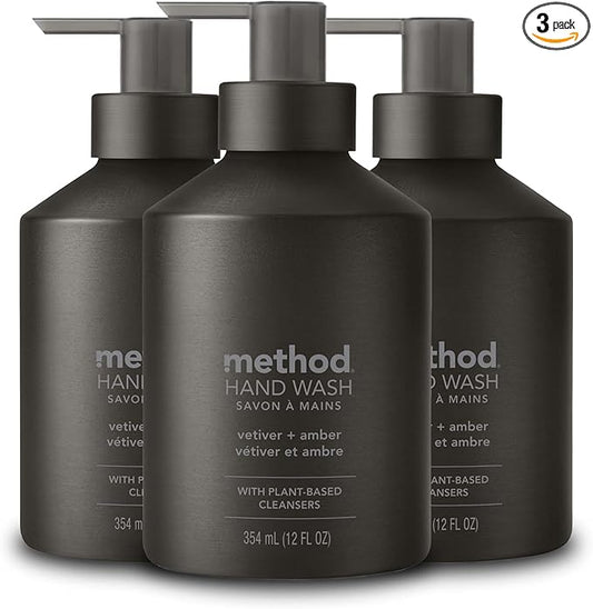 Method Gel Hand Soap, Vetiver + Amber, Reusable Black Aluminum Bottle, Biodegradable Formula, 12 oz (Pack of 3)