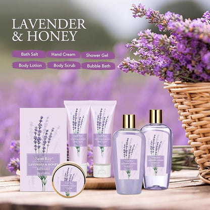 Luxury Bath & Body Set For Women LAVENDER & HONEY Large Spa Basket 13Pcs Luxurious Bath Spa Kit for women, Mother Day Gifts Perfect Spa Kit Bath Gift Set Spa Day Gifts Birthday Gift Baskets for Women