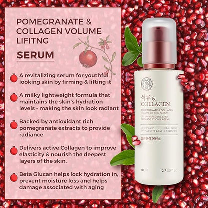 The Face Shop Pomegranate & Collagen Volume Lifting Serum - Helps Skin Look Firm & Supple - Reduces Fine Lines & Wrinkles - Improves Elasticity - Hydrating Lightweight Face Serum - Korean Skin Care