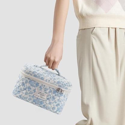 Makeup Bag, 3 Pcs Cotton Floral Quilted Makeup Bag Set, Large Toiletry Travel Cosmetic Bag for Women