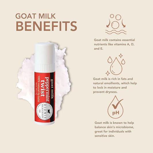 Dionis Goat Milk Skincare Peppermint Twist Holiday Lip Balm Gift Set - Beeswax, Shea Butter & Coconut Oil Lip Care Products Made in The USA - Cruelty Free Lip Moisturizer for Chapped Lips, 0.28oz 3Pk
