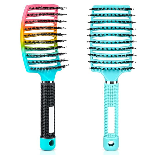 Wet Hair Detangling Brush for Blow Drying，Hair Detangler Brush for Women and Kids ，Boar Bristle Hair Brushes 2 PACK（RAINBOW+LIGHT BLUE)