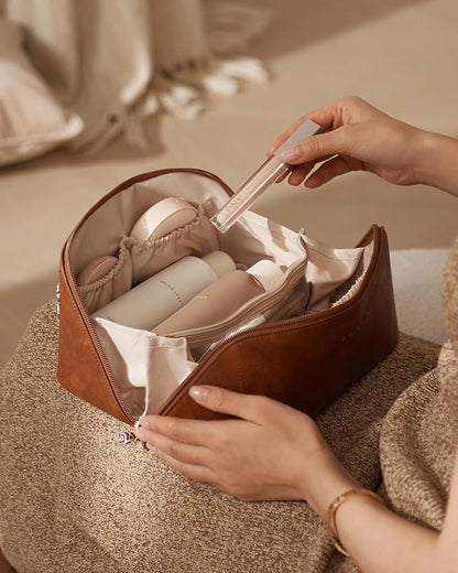 EACHY Travel Makeup Bag,Large Capacity Cosmetic Bags for Women,Waterproof Portable Pouch Open Flat Toiletry Bag Make up Organizer with Divider and Handle