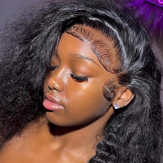 13x6 Deep Wave Lace Front Wigs Human Hair Pre Plucked 200% Density 13x6 Full Frontal Curly Wigs HD Lace Wig Glueless Looese Deep Curly Wave Human Hair Wigs For Women Natural Black 24 Inch