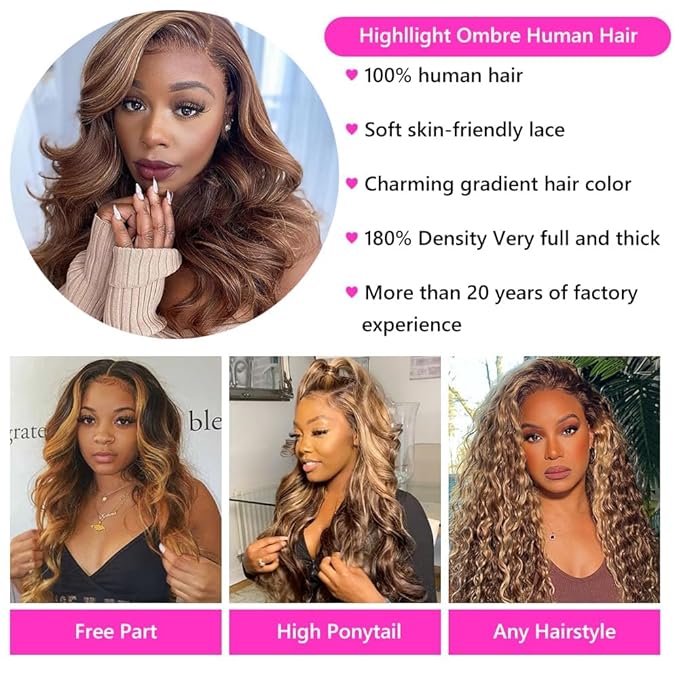 Honey Blonde Lace Front Wig Human Hair 5x5 HD Lace Closure Wigs Human Hair Pre Plucked with Baby Hair 180% Highlight Glueless Lace Front Wigs Human Hair Body Wave Closure Wig(20 Inch)