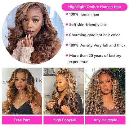 Honey Blonde Lace Front Wig Human Hair 5x5 HD Lace Closure Wigs Human Hair Pre Plucked with Baby Hair 180% Highlight Glueless Lace Front Wigs Human Hair Body Wave Closure Wig(20 Inch)