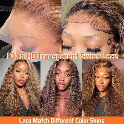 CHEETAHBEAUTY #4/27 Ombre Highlight Deep Wave 13X6 HD Transparent Lace Front Wigs Brazilian Deep Curly Human Hair Wigs for Black Women Pre Plucked with Baby Hair 250% Density(22inch)