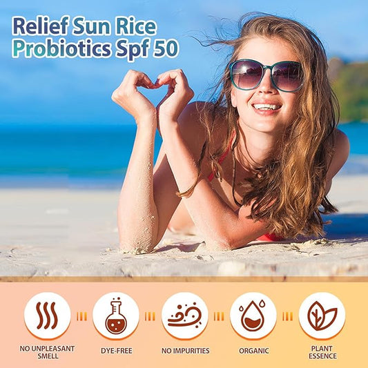 Relief Sun Rice + Relief Sun Organic Sunscreen SPF50, Probiotics SPF50+ Rice Sunscreen Korean PA++++ for All Skin Type and UV Defense(2PCS*50ml)